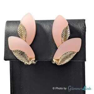 Vintage 60s Double Leaf Pink Lucite Ear Climber Gold Tone Clip On Earrings